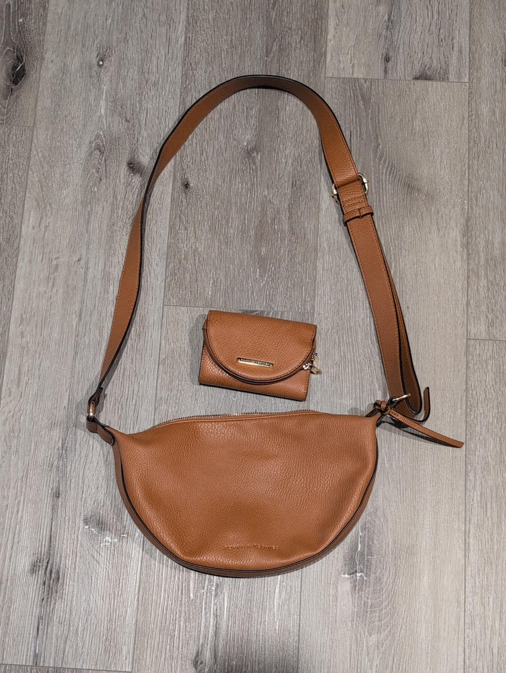 Poppy & Peonies Tan Pebbled Leather Crescent Crossbody with Card Wallet